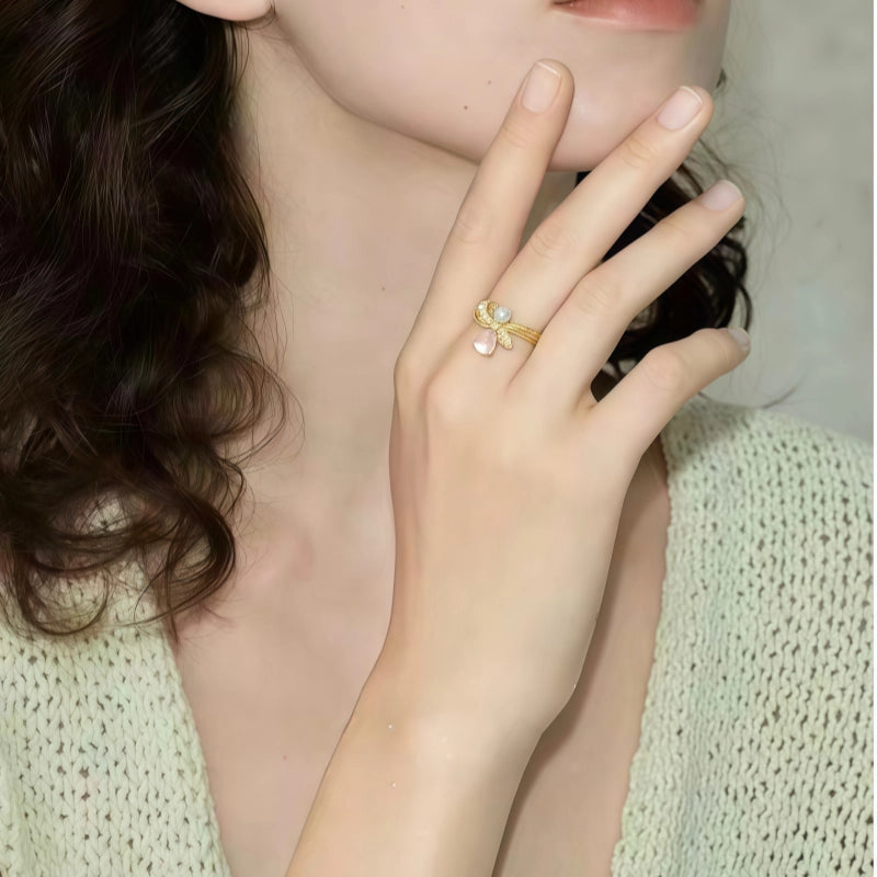 Bow Pearl Natural Rose Quartz Crystal Ring - Self-love First, Fortune Follows