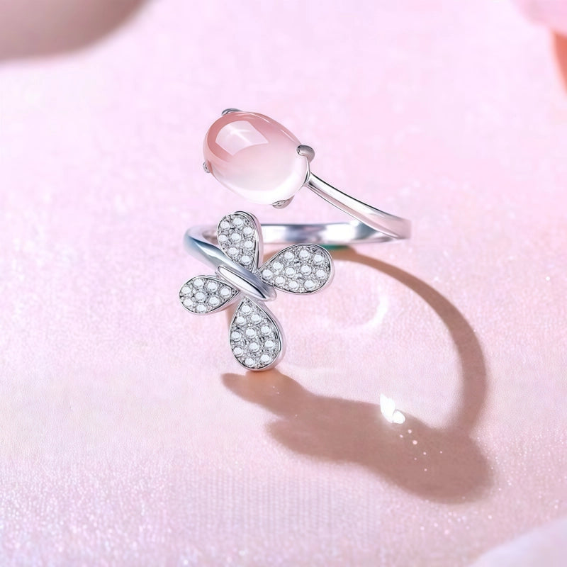 Natural Rose Quartz Butterfly Ring