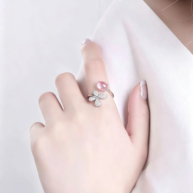 Natural Rose Quartz Butterfly Ring