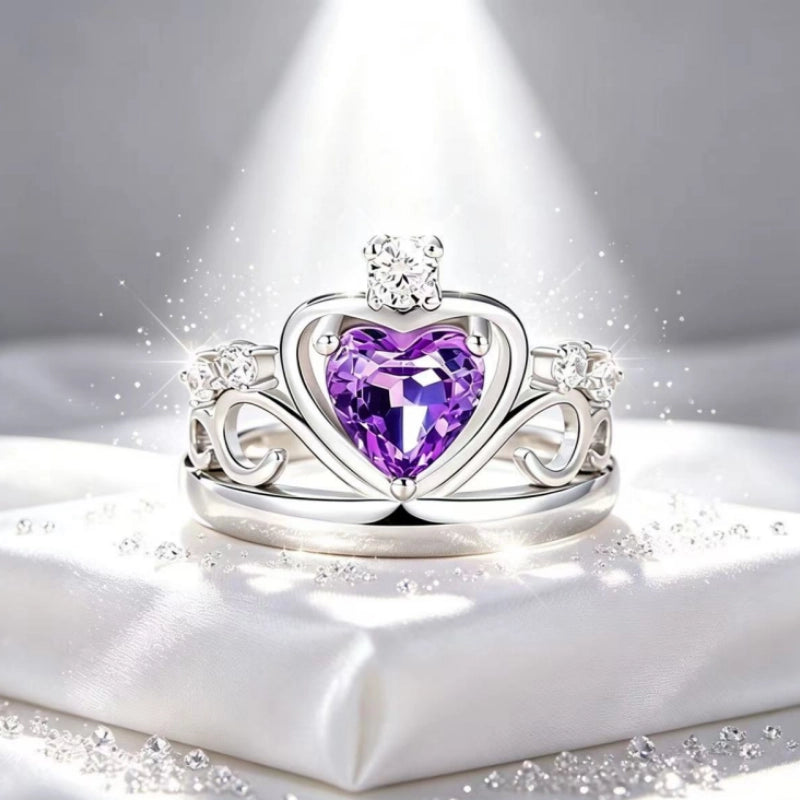 Natural Amethyst Crown Heart Ring - Let Calm Attract Good Fortune