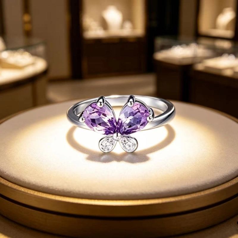 Natural Amethyst Butterfly Ring - Ground Your Energy, Open Your Luck