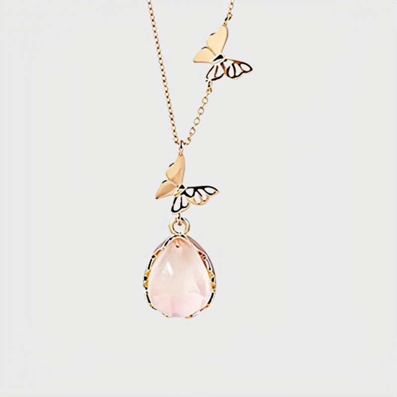 Butterfly Teardrop Rose Quartz Necklace - Attract Love & Gentle Energy