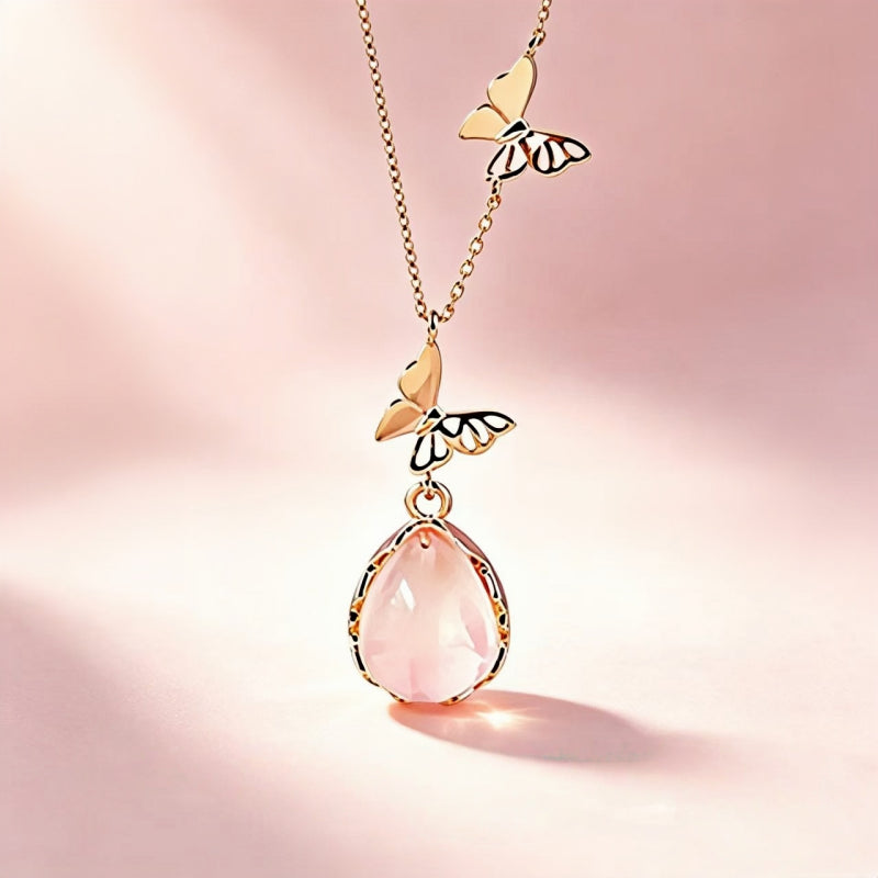 Butterfly Teardrop Rose Quartz Necklace - Attract Love & Gentle Energy