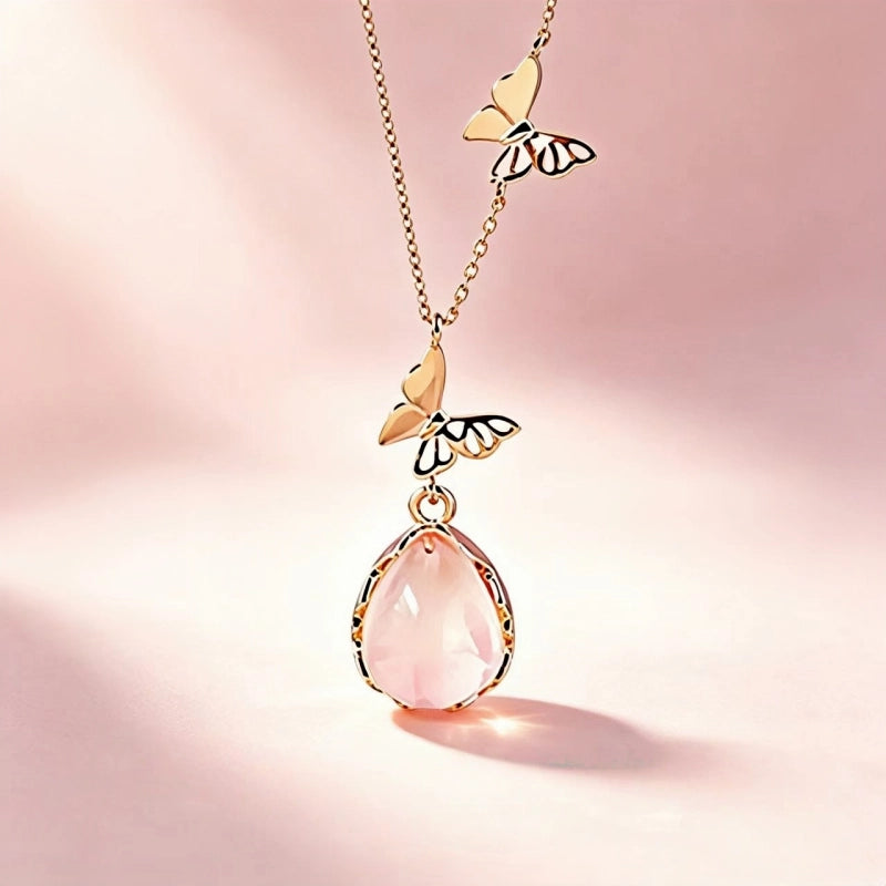 Butterfly Teardrop Rose Quartz Necklace - Attract Love & Gentle Energy