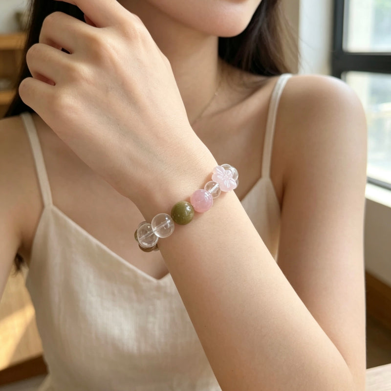 Clear Quartz Sakura Rose Quartz Bracelet – Purify, Attract Romance, Boost Relationships