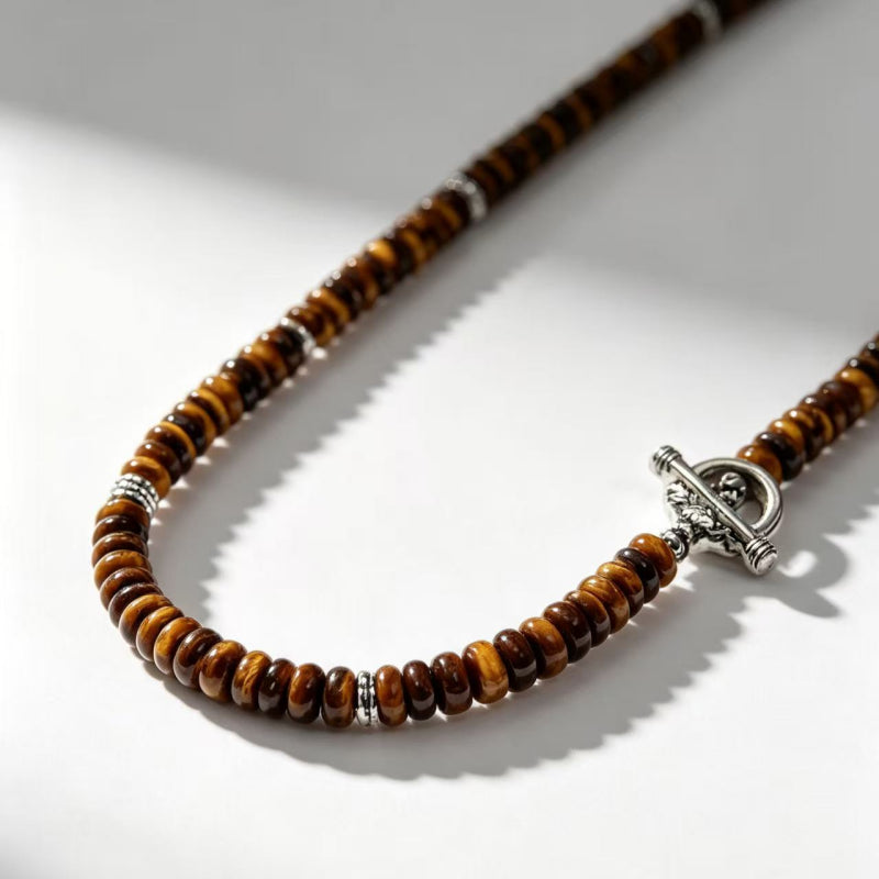 Collier œil de tigre naturel, fermoir argenté - Cadeau protection pour petit ami