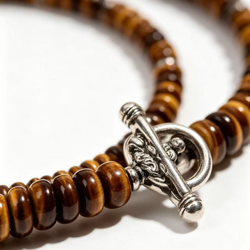 Collier œil de tigre naturel, fermoir argenté - Cadeau protection pour petit ami