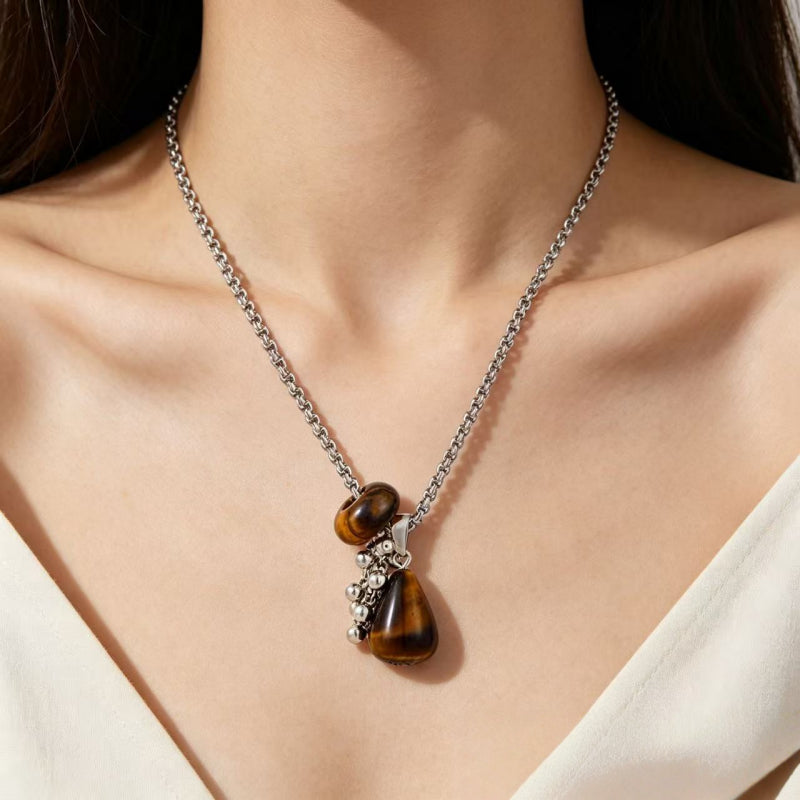 Natural Tiger Eye Stone Necklace — Teardrop Sweater Chain