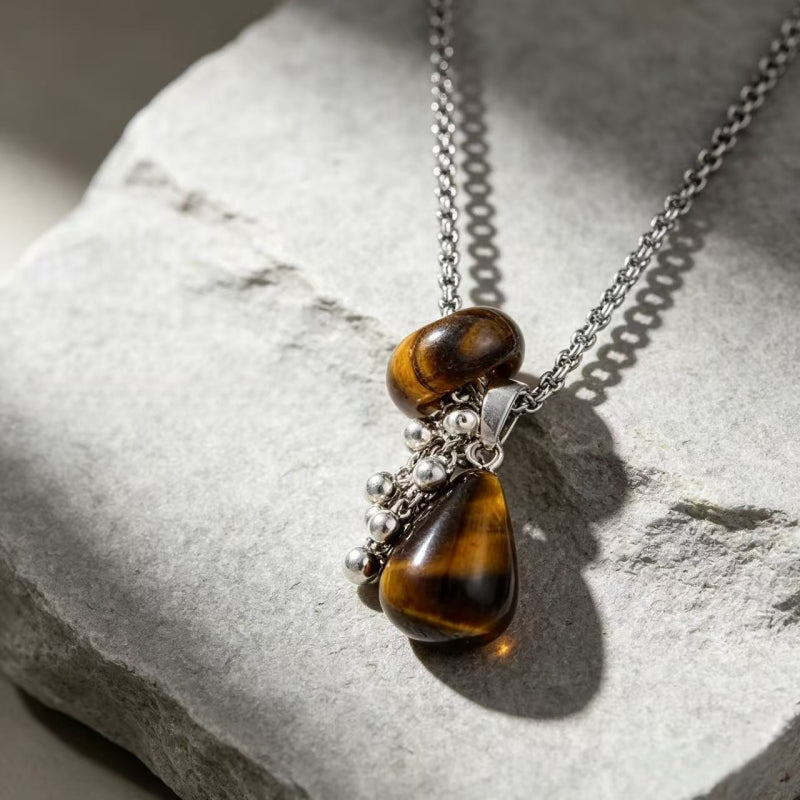 Natural Tiger Eye Stone Necklace — Teardrop Sweater Chain