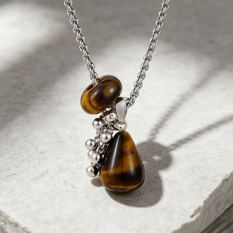 Natural Tiger Eye Stone Necklace — Teardrop Sweater Chain