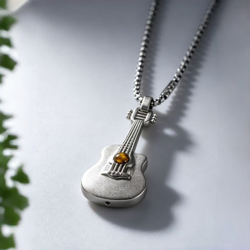 Natural Tiger Eye Stone Necklace — Personalized Guitar Pendant for Boyfriend