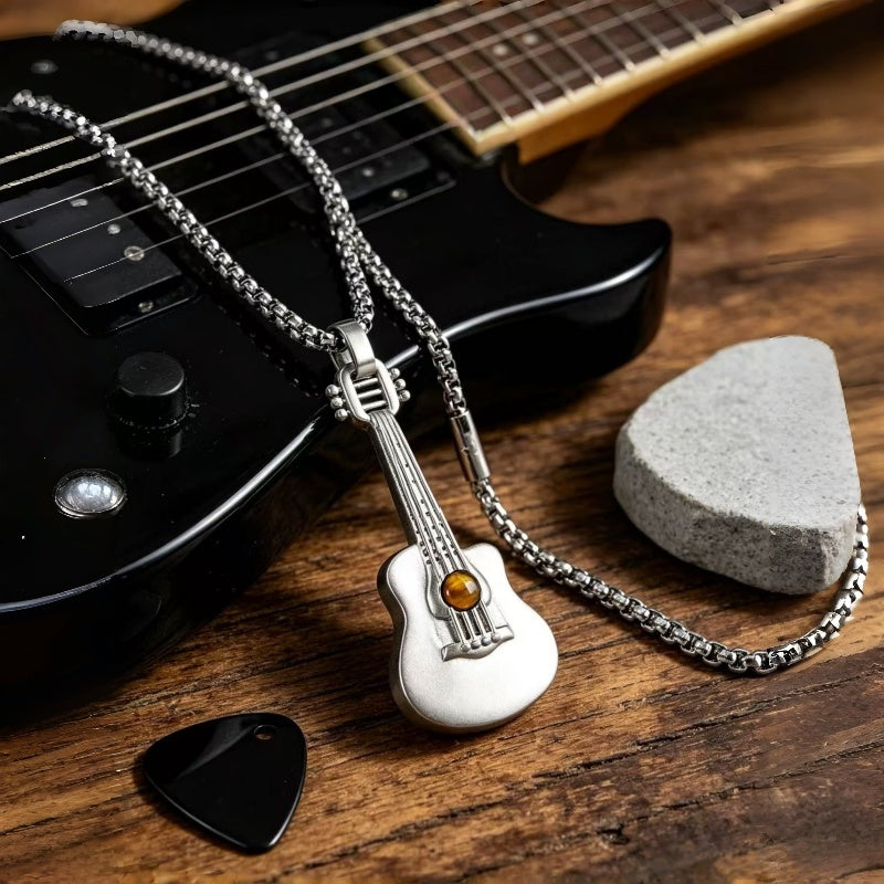 Natural Tiger Eye Stone Necklace — Personalized Guitar Pendant for Boyfriend