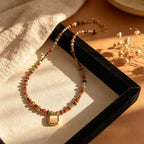 Natural Tiger Eye Stone Necklace — Vintage Oil Painting Style Lapel Pin Choker