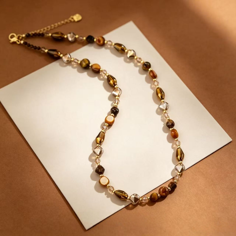 Natural Tiger Eye Stone Necklace — Maillard Earth Tone Irregular Collarbone