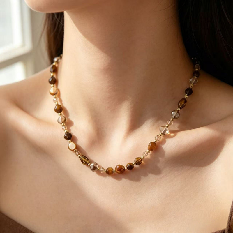 Natural Tiger Eye Stone Necklace — Maillard Earth Tone Irregular Collarbone