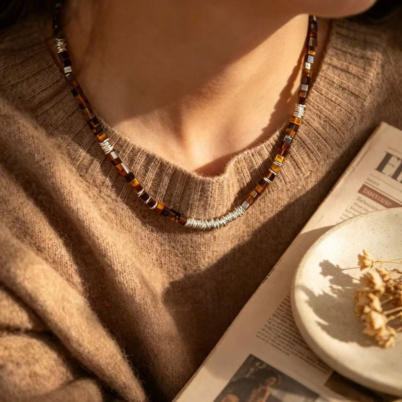Natural Tiger Eye Stone Necklace — Maillard Square Broken Silver Chain