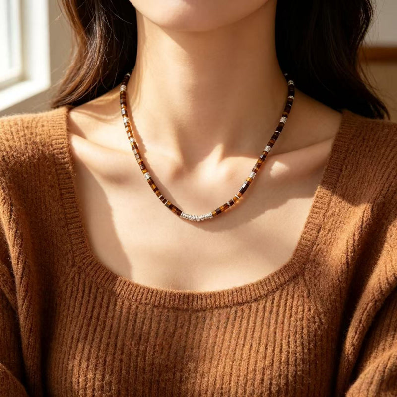 Natural Tiger Eye Stone Necklace — Maillard Square Broken Silver Chain