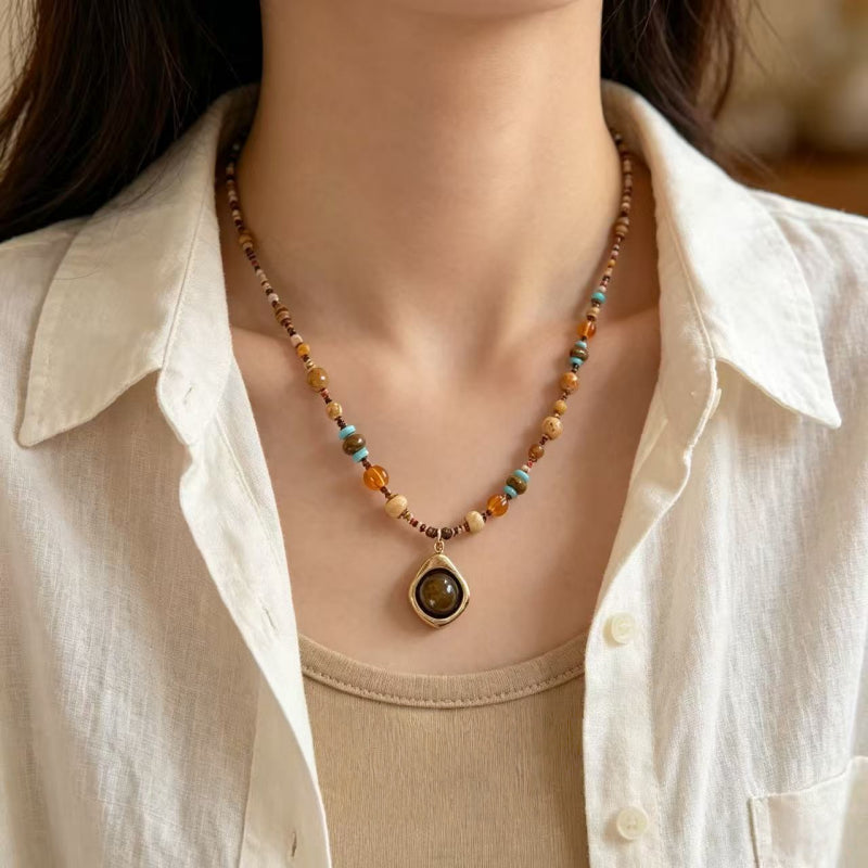 Natural Tiger Eye Stone Necklace — Bohemian Style, Essential for Vacation & Gifting