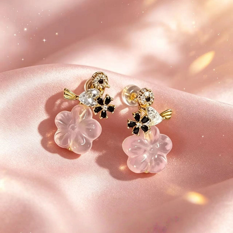 Cherry Blossom Whisper Natural Rose Quartz Drop Earrings