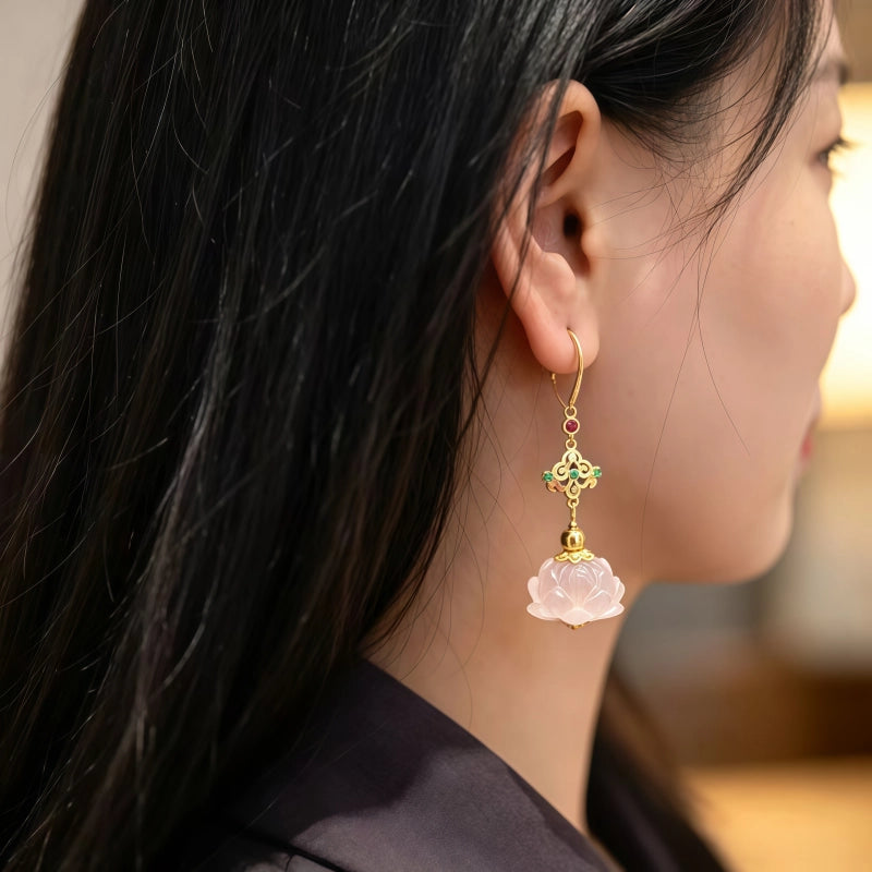 Natural Pink Crystal Earrings Lotus Eardrops