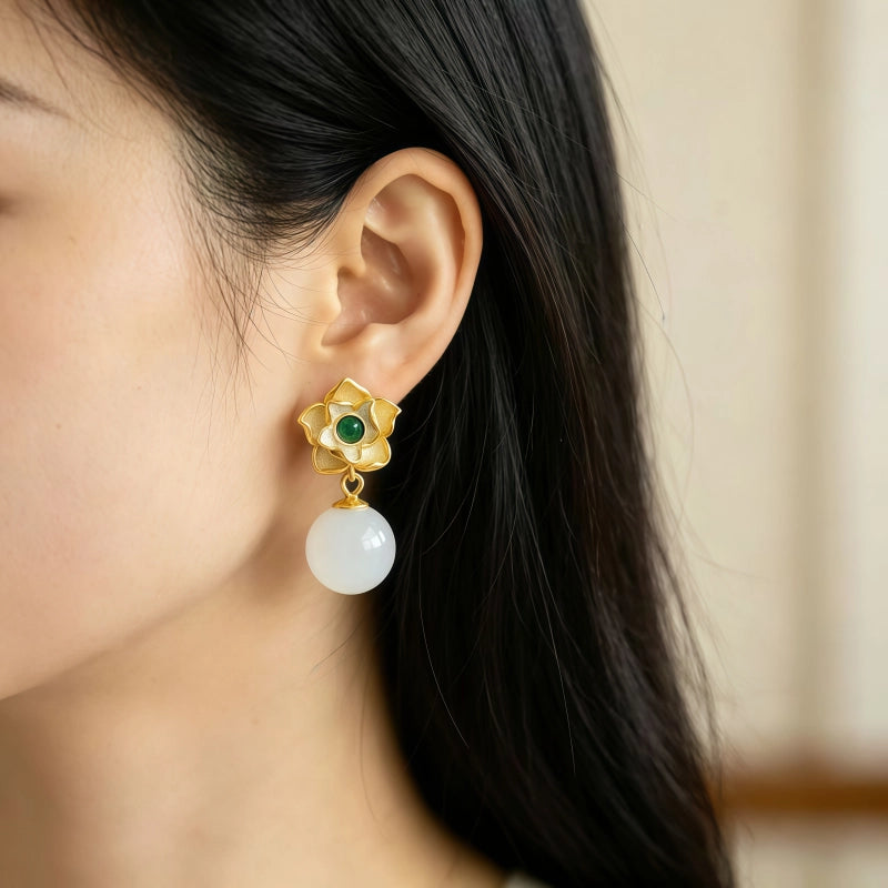 Natural Hotan Jade Lotus Earrings Sterling Silver Antique Earrings