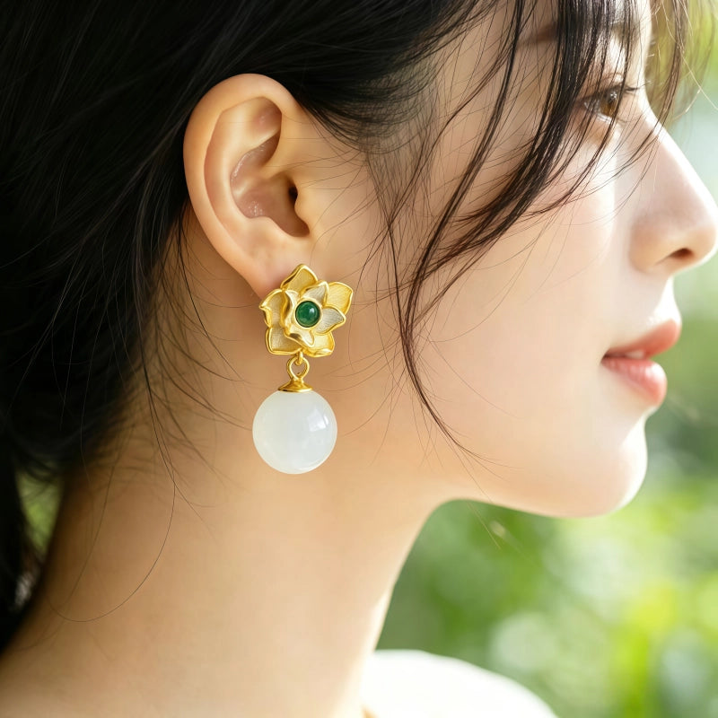 Natural Hotan Jade Lotus Earrings Sterling Silver Antique Earrings