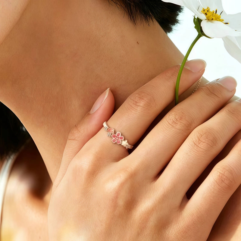 Bague Fleur de Cerisier en Argent Pur avec Émail à Froid - Bague Amour Pur