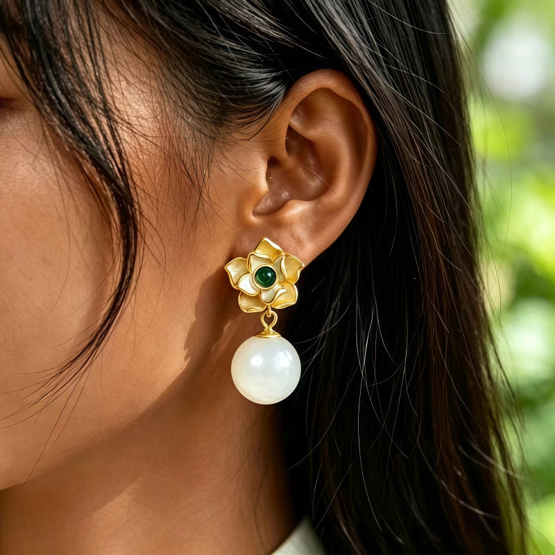 Natural Hotan Jade Lotus Earrings Sterling Silver Antique Earrings