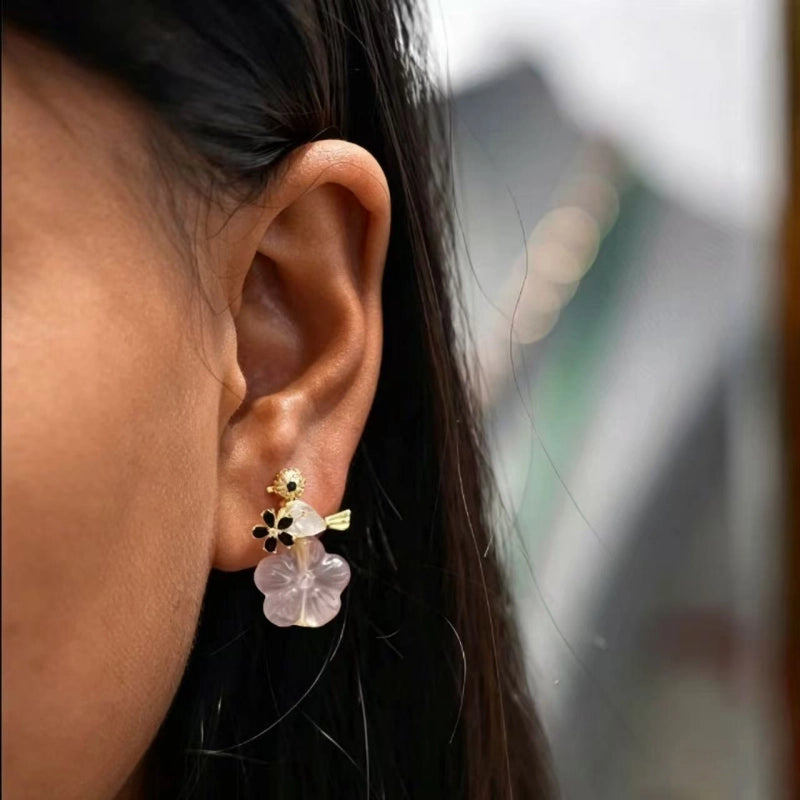 Cherry Blossom Whisper Natural Rose Quartz Drop Earrings