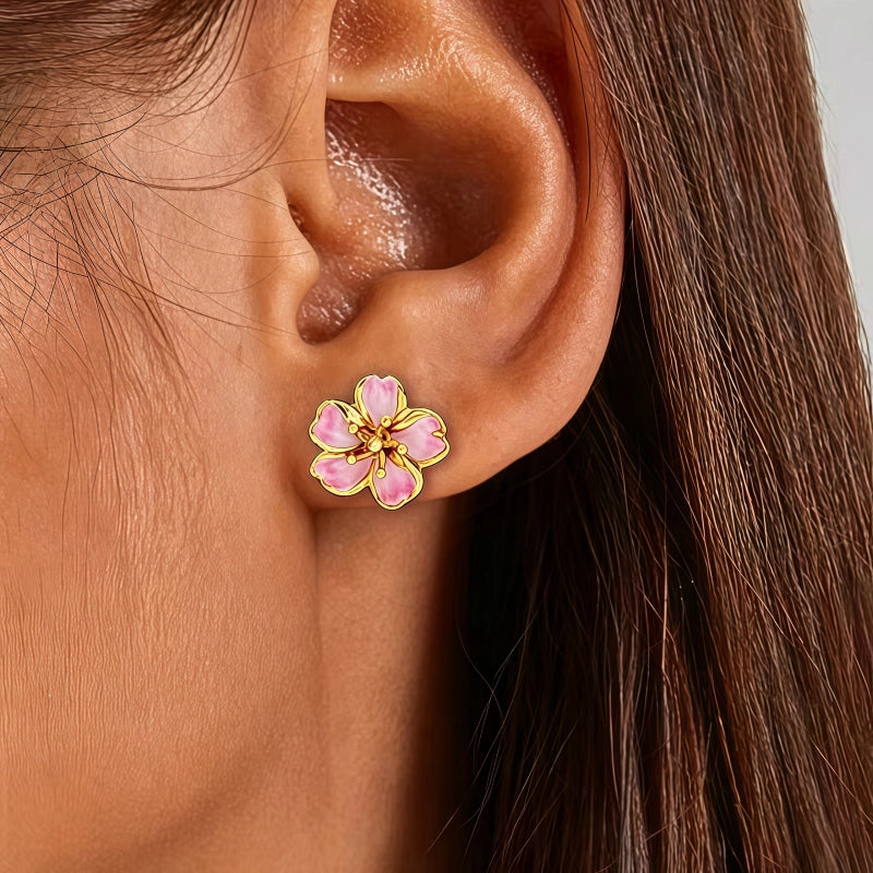 Boucles d'oreilles émaillées fleurs de cerisier et boucles d'oreilles fleurs simples