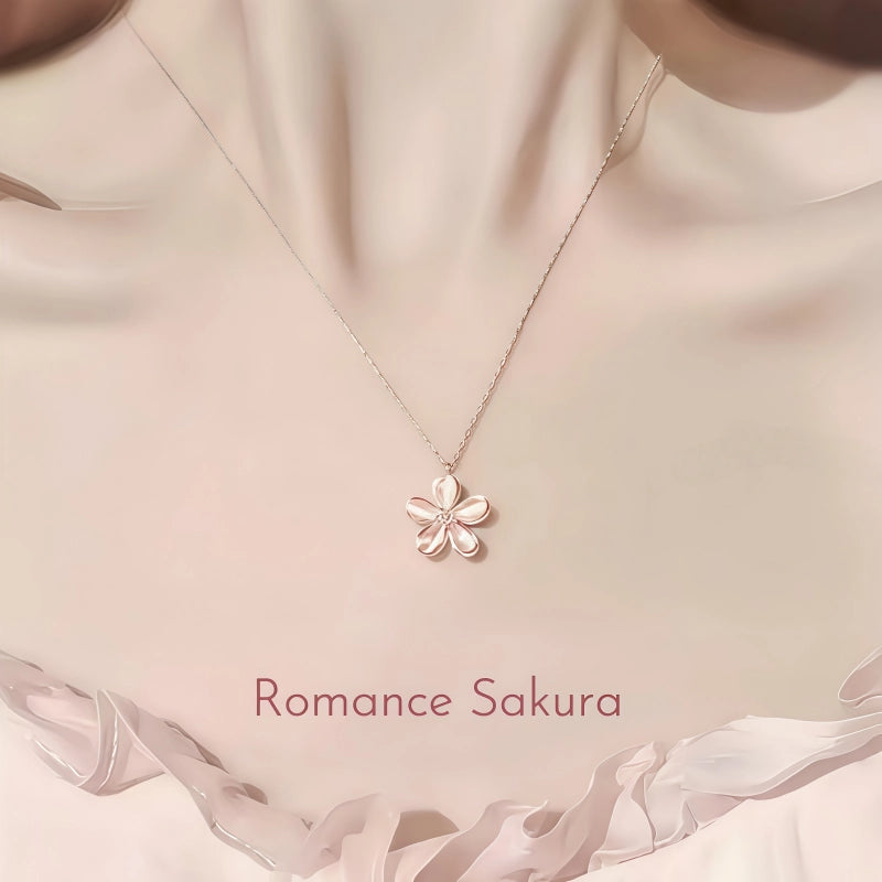 Collier Fleur de Cerisier Rose avec Chaîne de Clavicule Premium en Argent Pur Rotative