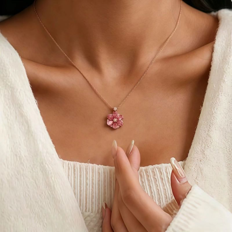Collier Fleur de Cerisier Rose, Collier Polyvalent de Luxe Léger en Argent Pur