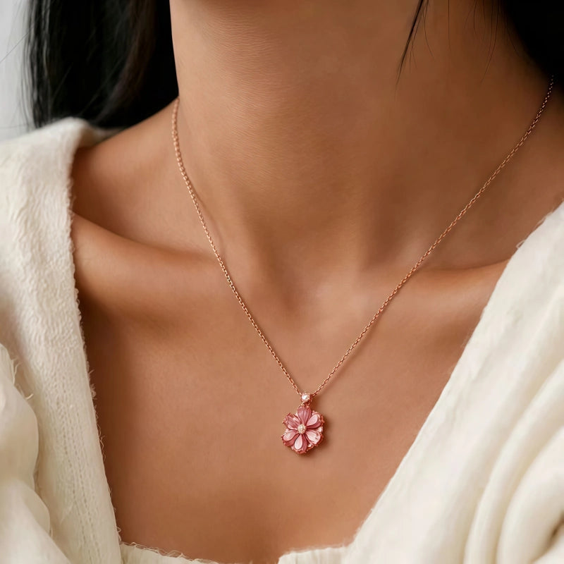 Collier Fleur de Cerisier Rose, Collier Polyvalent de Luxe Léger en Argent Pur