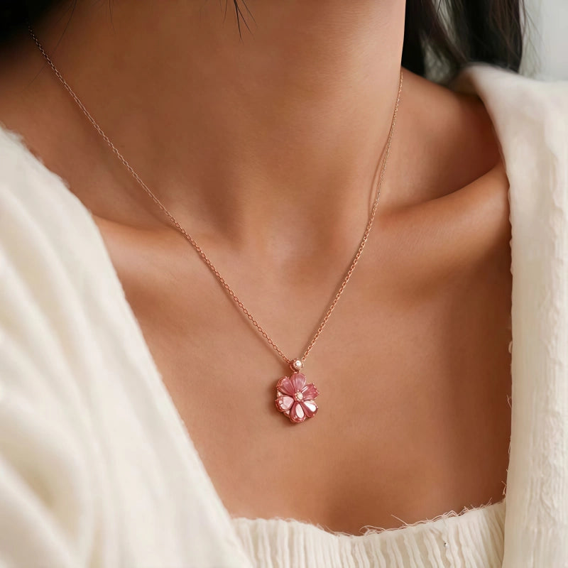 Collier Fleur de Cerisier Rose, Collier Polyvalent de Luxe Léger en Argent Pur