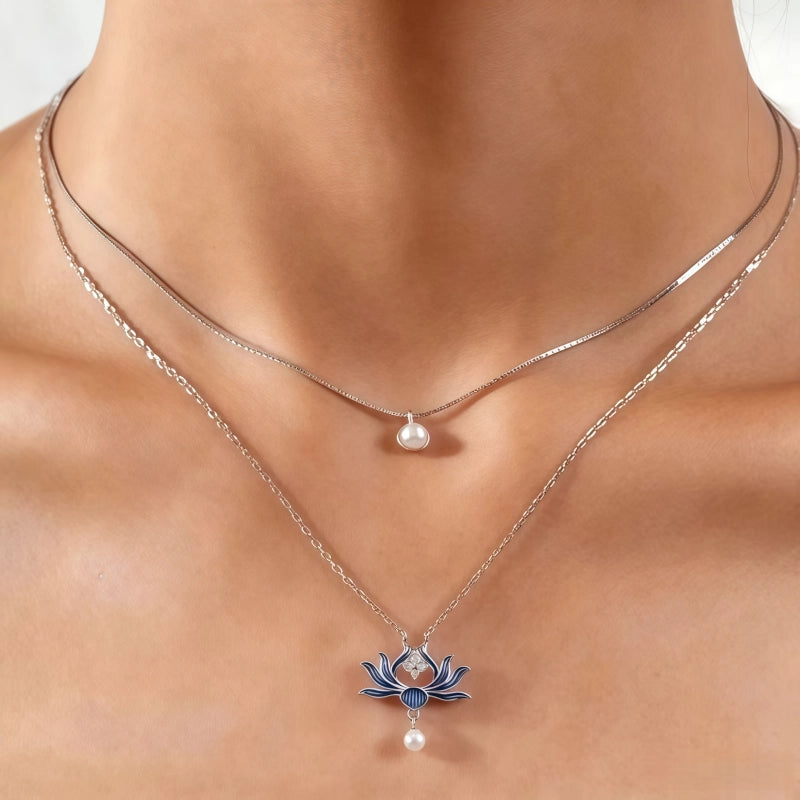 Enamel Blue Lotus Pearl Necklace - Tender Love & Peaceful Fortune