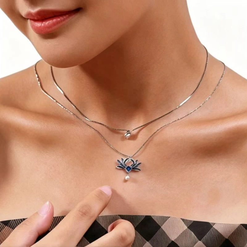 Enamel Blue Lotus Pearl Necklace - Tender Love & Peaceful Fortune