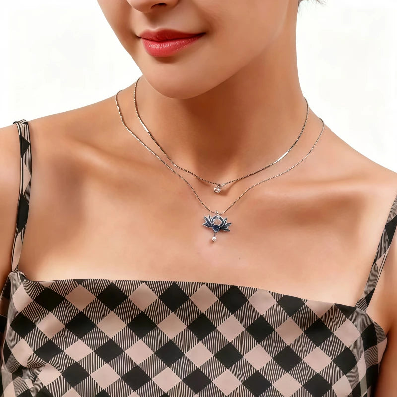 Enamel Blue Lotus Pearl Necklace - Tender Love & Peaceful Fortune