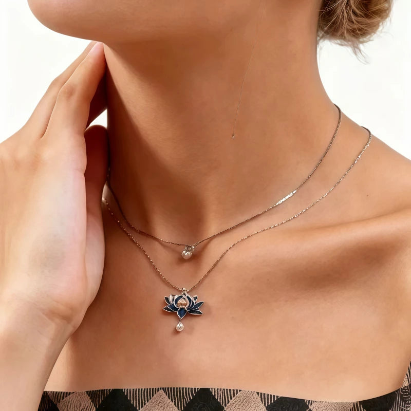 Enamel Blue Lotus Pearl Necklace - Tender Love & Peaceful Fortune