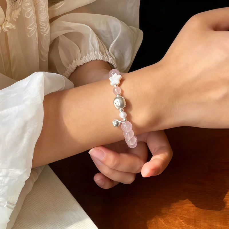 Natural Powder Crystal Bracelet, Pure Silver Teddy Bear Bell Bracelet