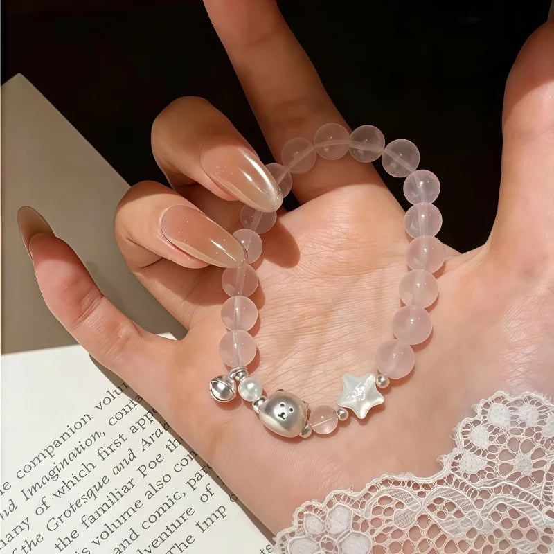 Natural Powder Crystal Bracelet, Pure Silver Teddy Bear Bell Bracelet