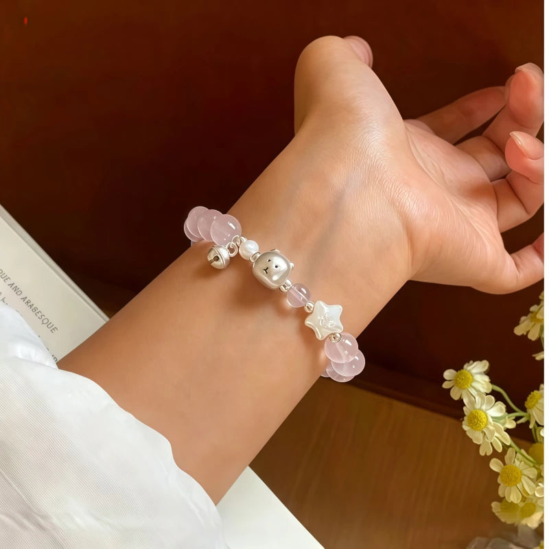 Natural Powder Crystal Bracelet, Pure Silver Teddy Bear Bell Bracelet