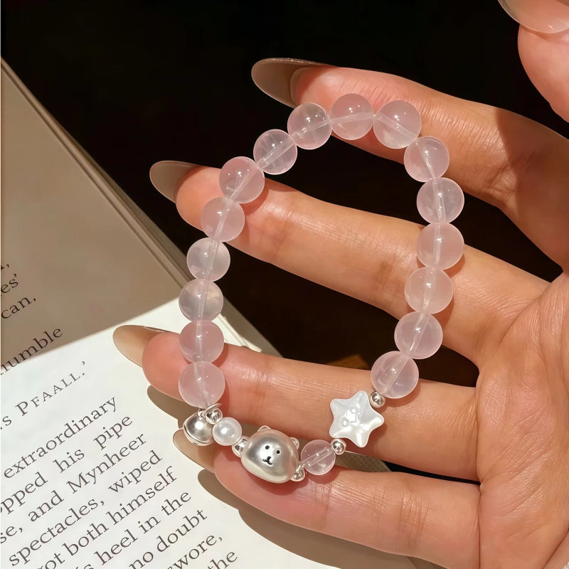 Natural Powder Crystal Bracelet, Pure Silver Teddy Bear Bell Bracelet