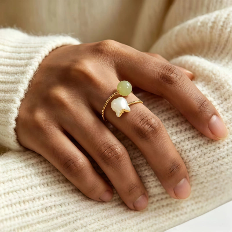 Hetian Jade Twist Band Flower Ring - Calm Energy, Lasting Luck