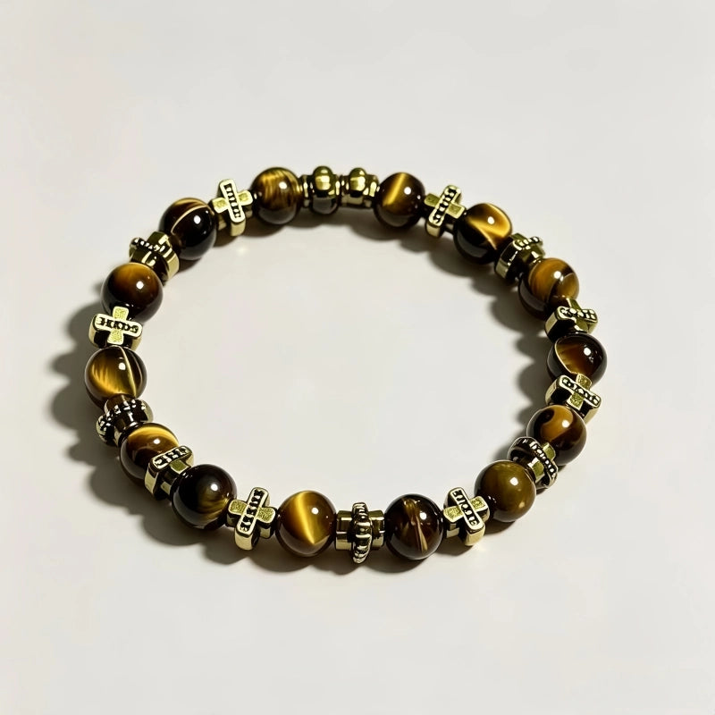 Vintage Cross Tiger Eye Beaded Bracelet - Wealth Attracting