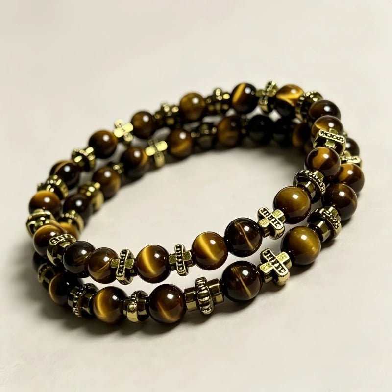 Vintage Cross Tiger Eye Beaded Bracelet - Wealth Attracting