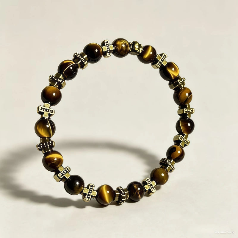 Vintage Cross Tiger Eye Beaded Bracelet - Wealth Attracting