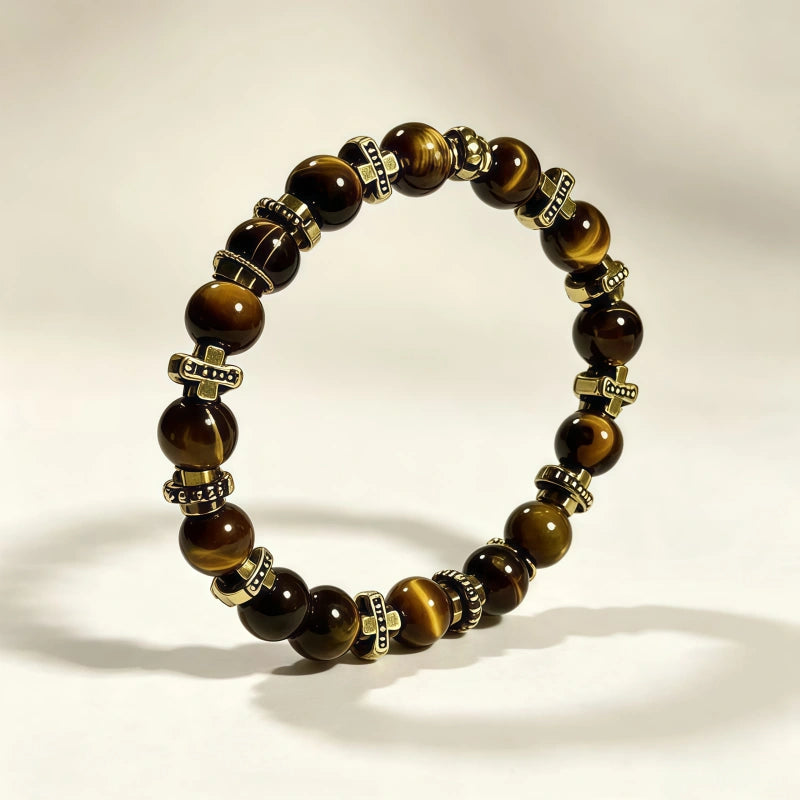 Vintage Cross Tiger Eye Beaded Bracelet - Wealth Attracting