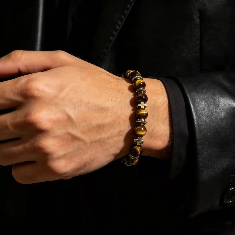 Vintage Cross Tiger Eye Beaded Bracelet - Wealth Attracting