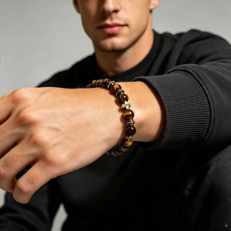 Bracelet vintage œil de tigre, perles et croix - Attire la richesse