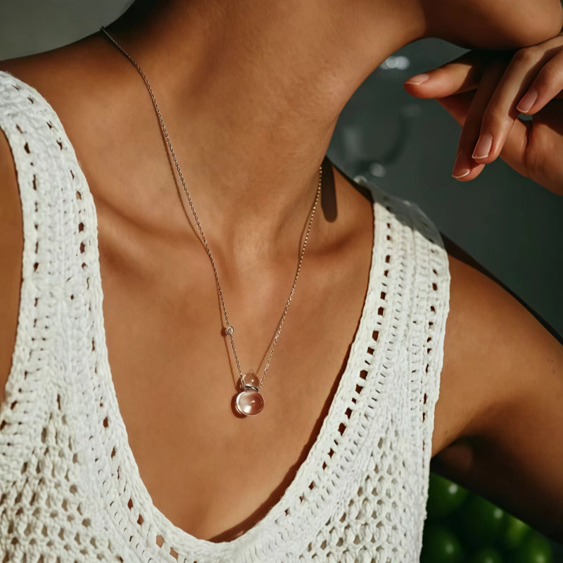Natural White Crystal Necklace, Fortune Gourd, Pure Silver Pendant